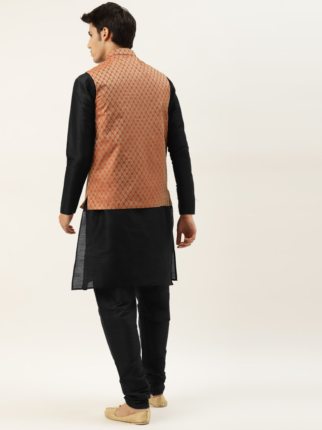 Men's Silk Blend Black Kurta Pyjama & Orange Nehrujacket Combo - Sojanya