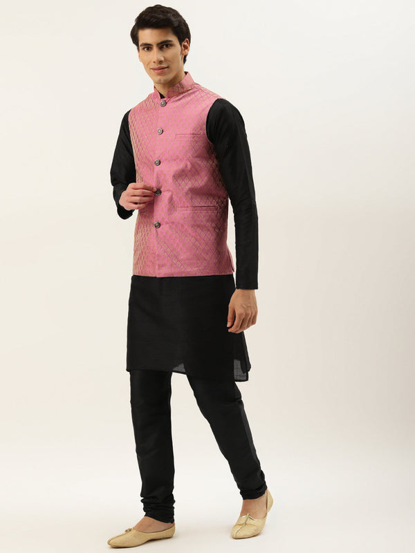 Men's Silk Blend Black Kurta Pyjama & Pink Nehrujacket Combo - Sojanya