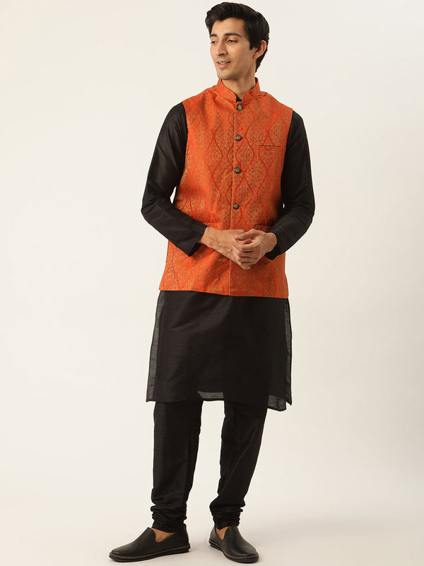 Men's Silk Blend Black Kurta Pyjama & Orange Nehrujacket Combo - Sojanya