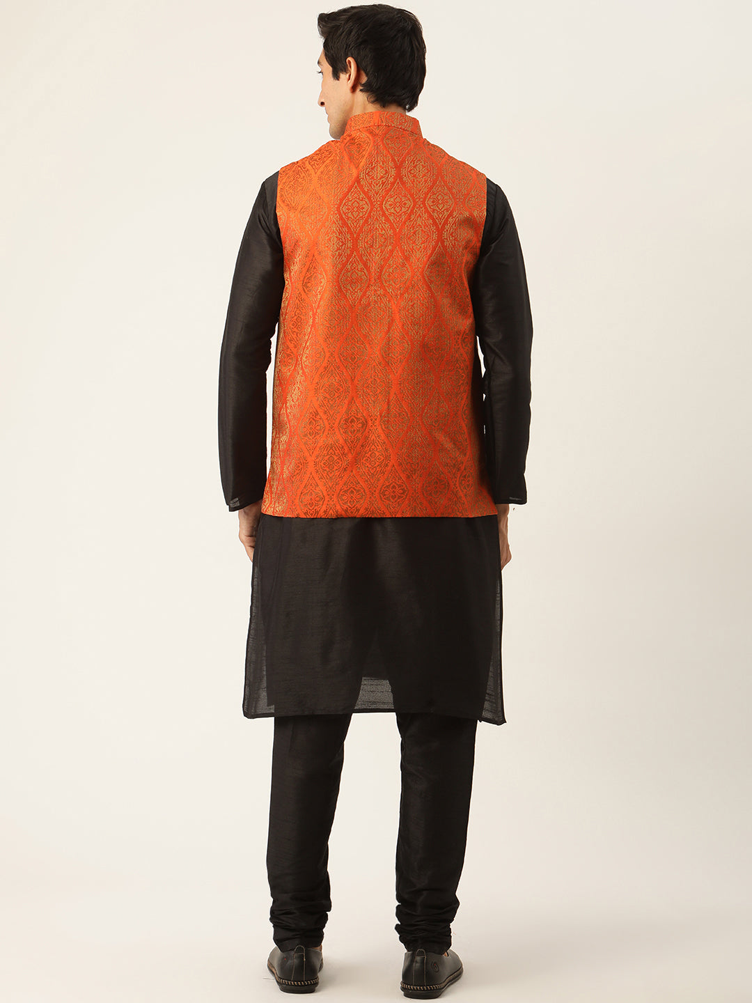 Men's Silk Blend Black Kurta Pyjama & Orange Nehrujacket Combo - Sojanya