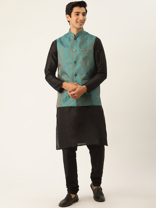 Men's Silk Blend Black Kurta Pyjama & Teal Blue Nehrujacket Combo - Sojanya