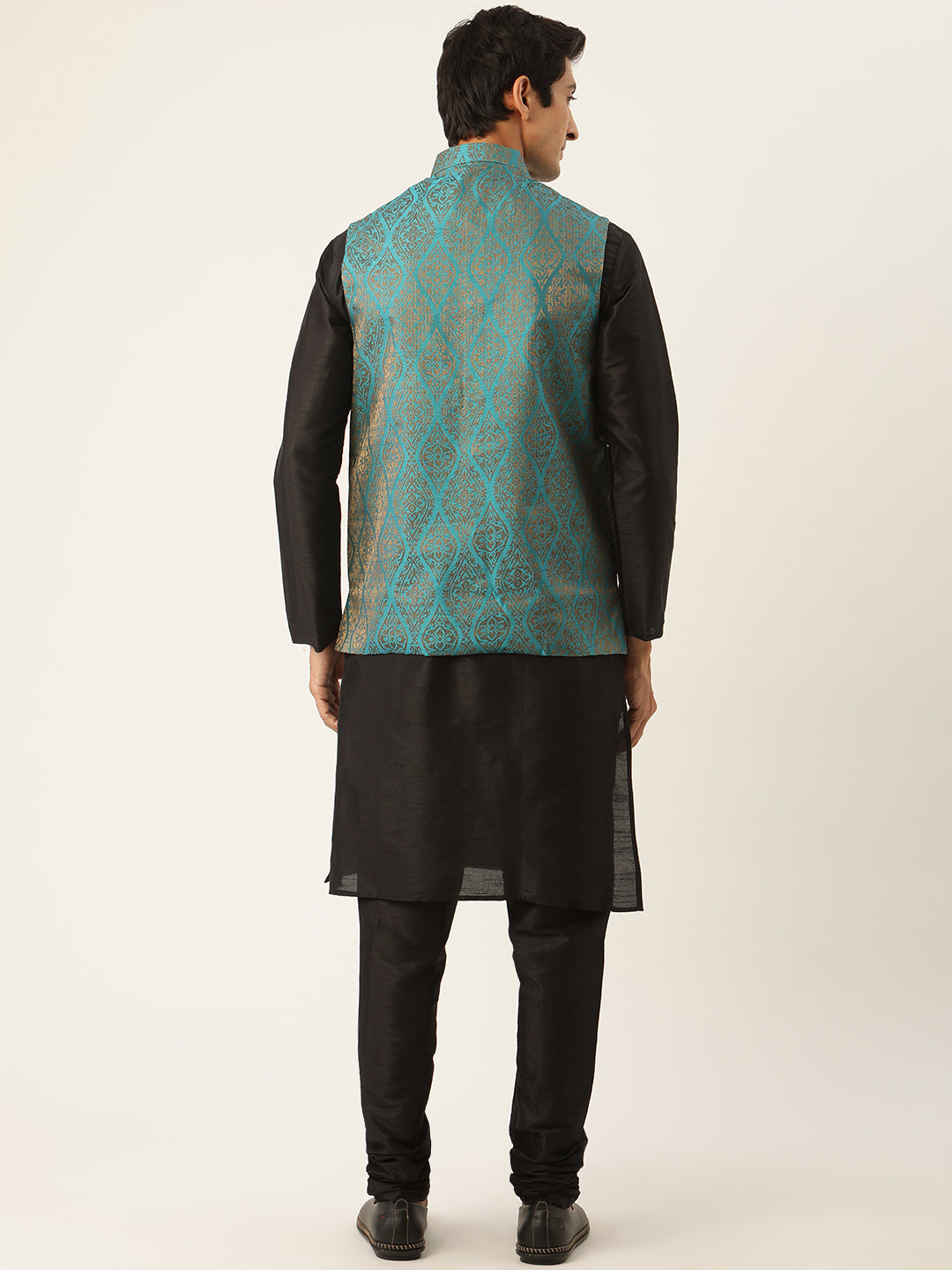 Men's Silk Blend Black Kurta Pyjama & Teal Blue Nehrujacket Combo - Sojanya