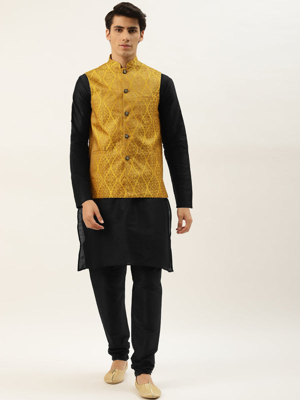 Men's Silk Blend Black Kurta Pyjama & Mustard Nehrujacket Combo - Sojanya