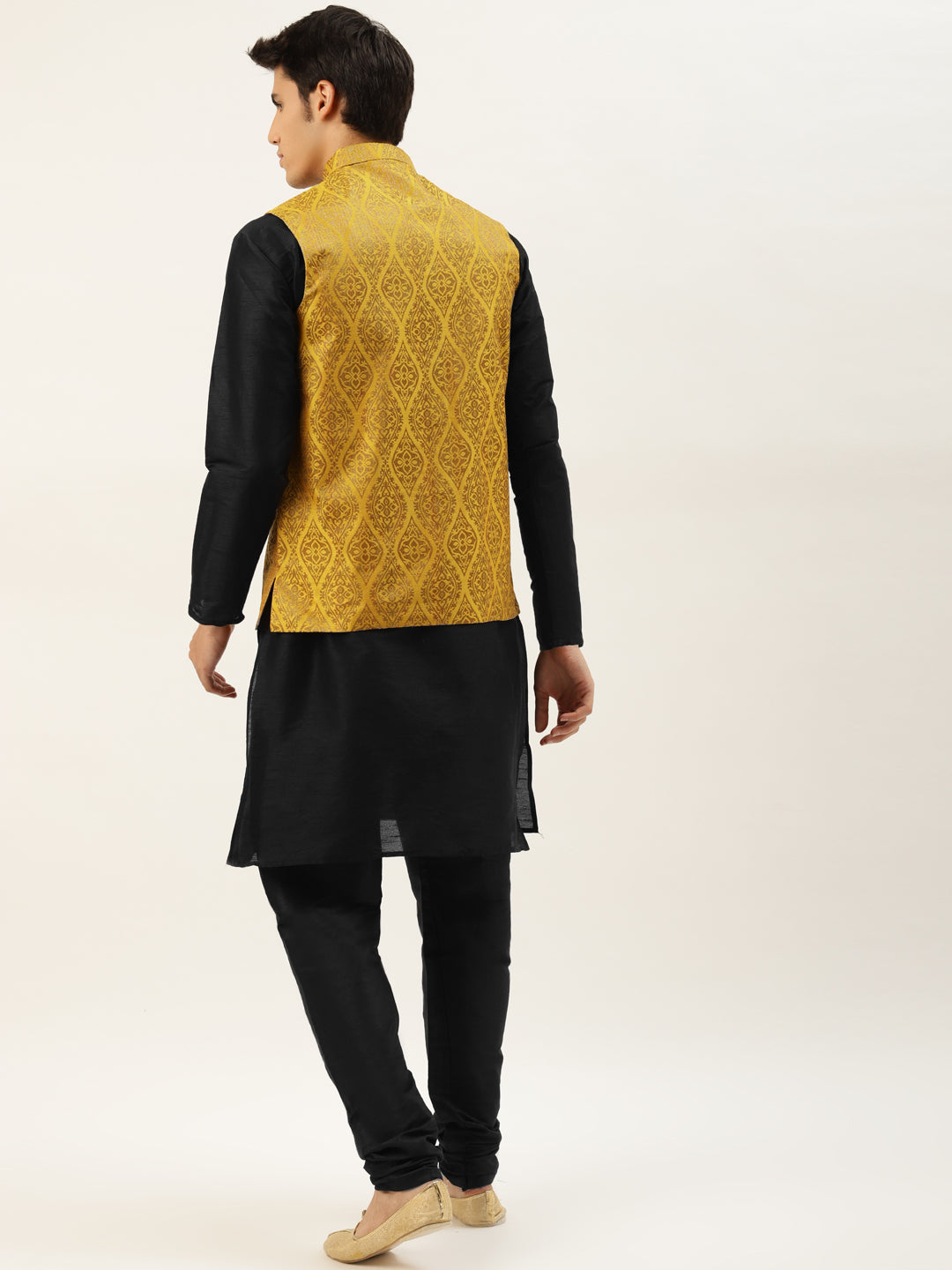 Men's Silk Blend Black Kurta Pyjama & Mustard Nehrujacket Combo - Sojanya