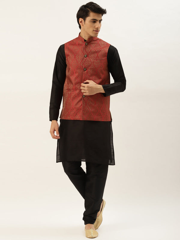 Men's Silk Blend Black Kurta Pyjama & Red Nehrujacket Combo - Sojanya