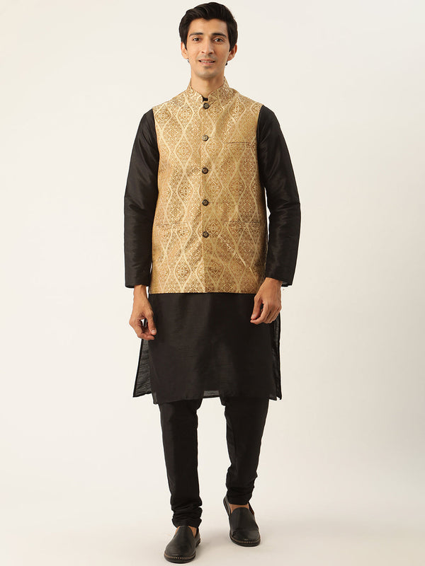 Men's Silk Blend Black Kurta Pyjama & Beige Nehrujacket Combo - Sojanya