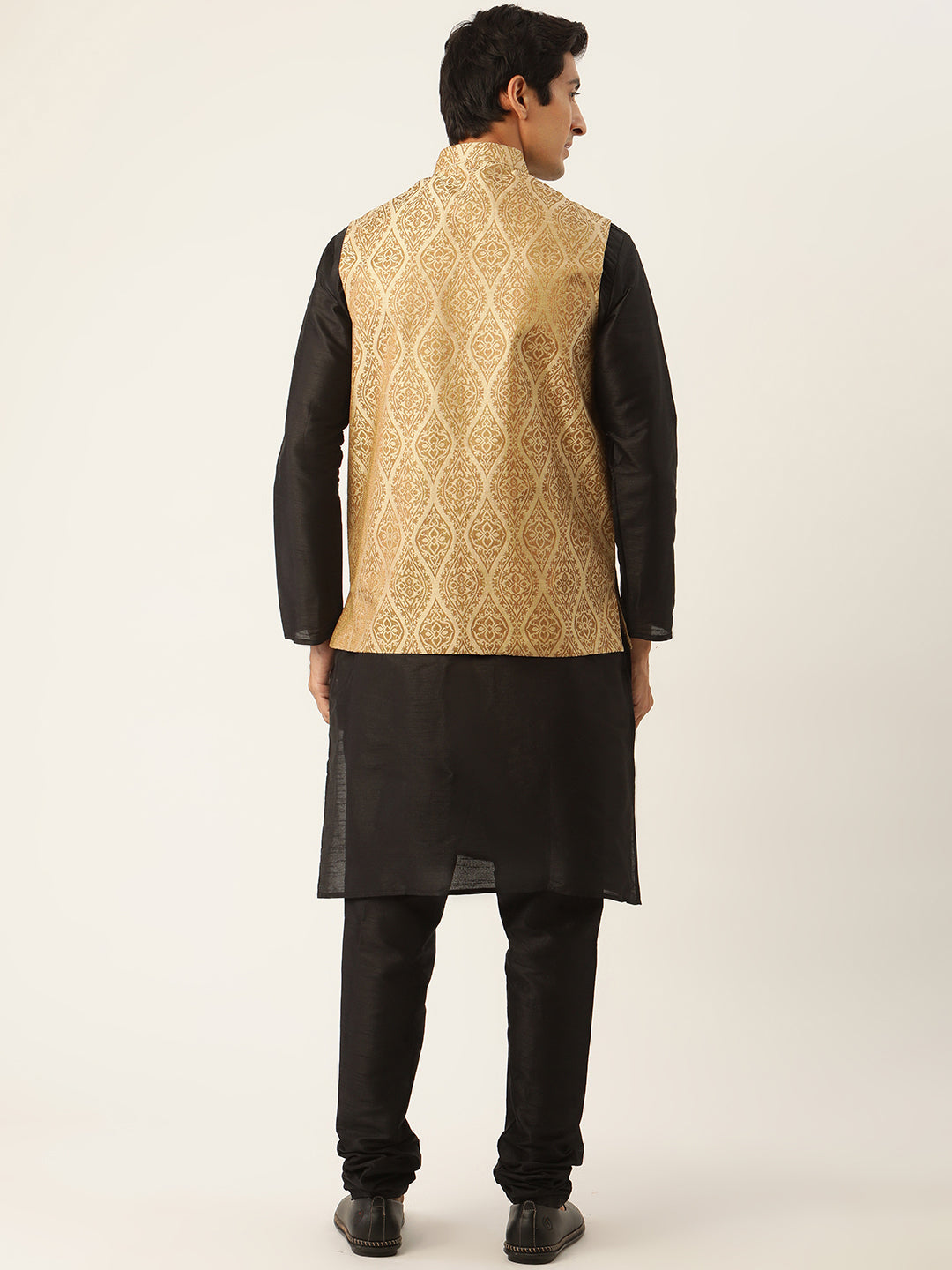 Men's Silk Blend Black Kurta Pyjama & Beige Nehrujacket Combo - Sojanya