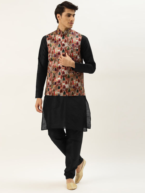 Men's Silk Blend Black Kurta Pyjama & Magenta Nehrujacket Combo - Sojanya