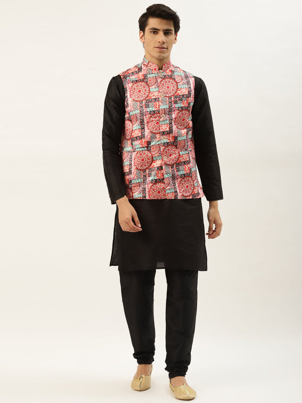 Men's Silk Blend Black Kurta Pyjama & Peach Nehrujacket Combo - Sojanya