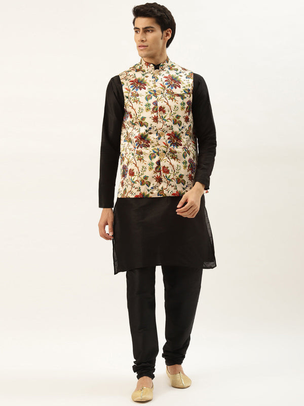 Men's Silk Blend Black Kurta Pyjama & Fawn Nehrujacket Combo - Sojanya