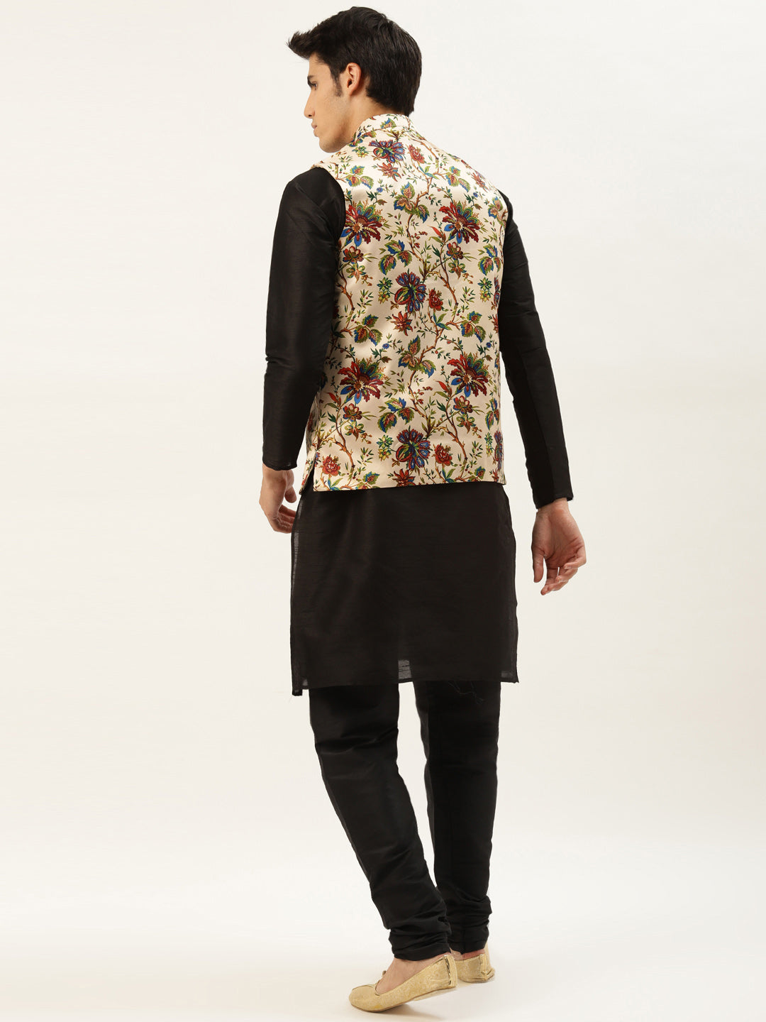 Men's Silk Blend Black Kurta Pyjama & Fawn Nehrujacket Combo - Sojanya