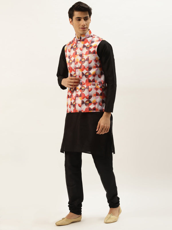 Men's Silk Blend Black Kurta Pyjama & Off White Nehrujacket Combo - Sojanya