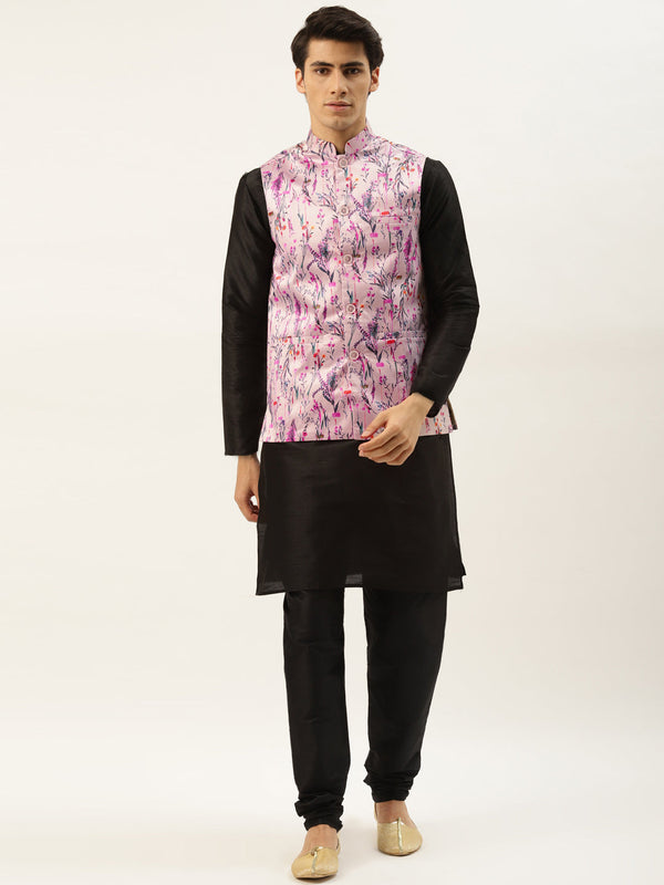 Men's Silk Blend Black Kurta Pyjama & Pink Nehrujacket Combo - Sojanya