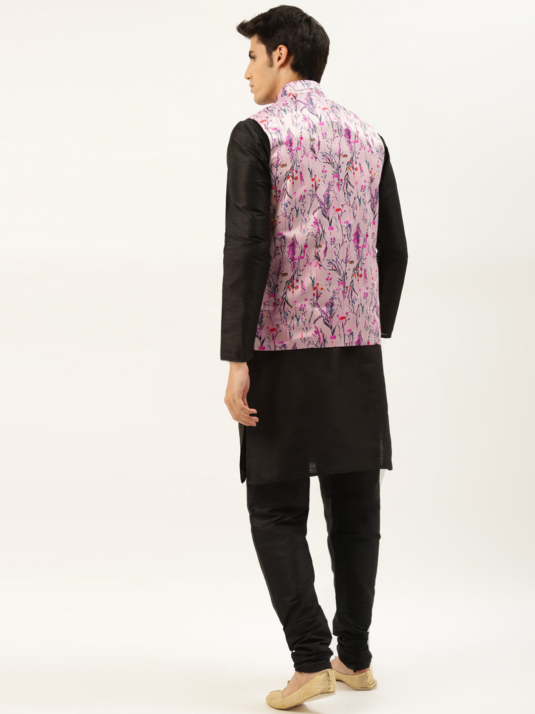 Men's Silk Blend Black Kurta Pyjama & Pink Nehrujacket Combo - Sojanya