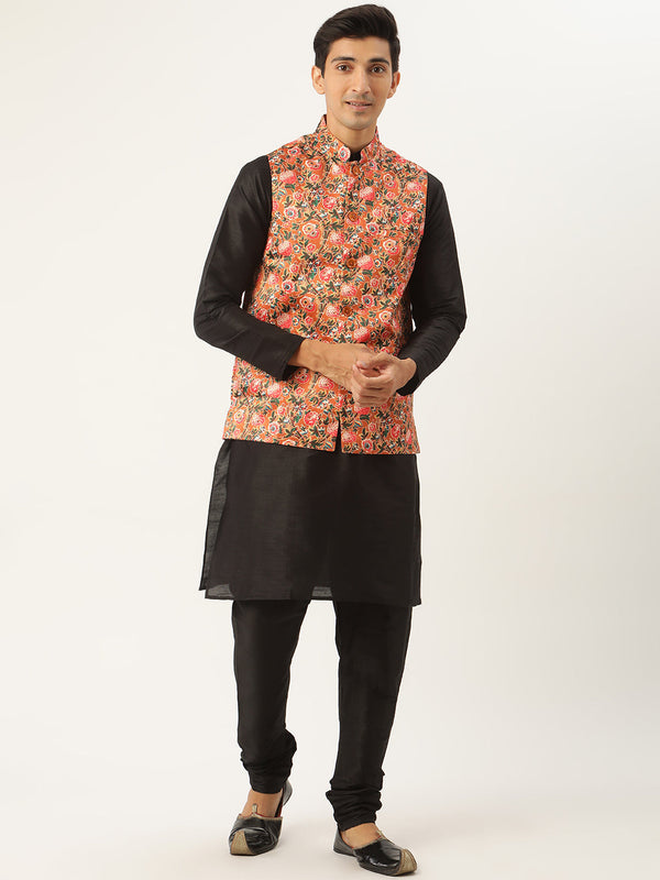 Men's Silk Blend Black Kurta Pyjama & Tan Nehrujacket Combo - Sojanya