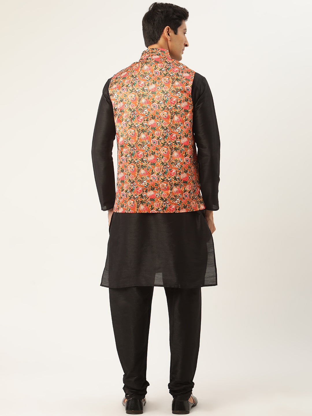 Men's Silk Blend Black Kurta Pyjama & Tan Nehrujacket Combo - Sojanya