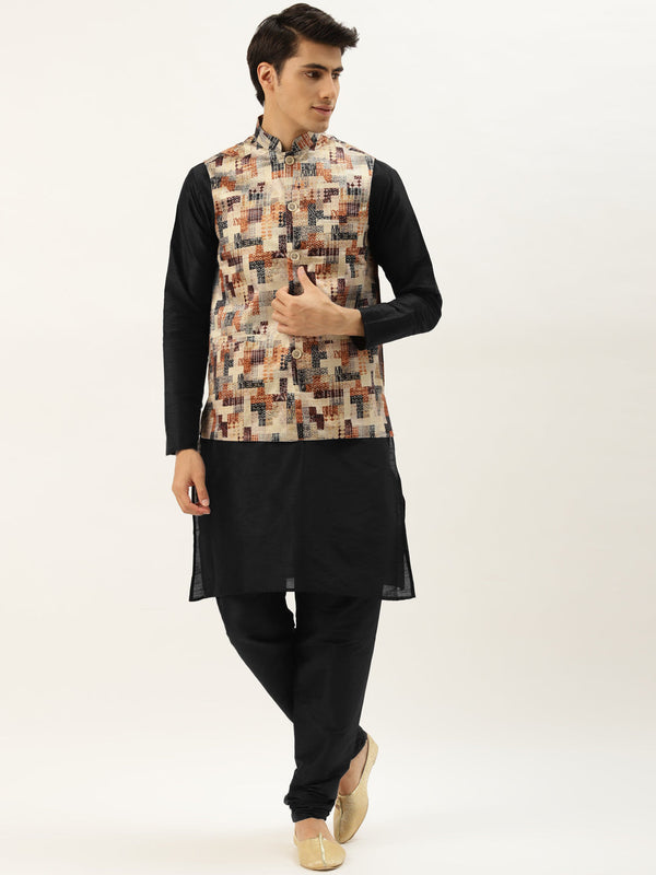 Men's Silk Blend Black Kurta Pyjama & Beige Nehrujacket Combo - Sojanya