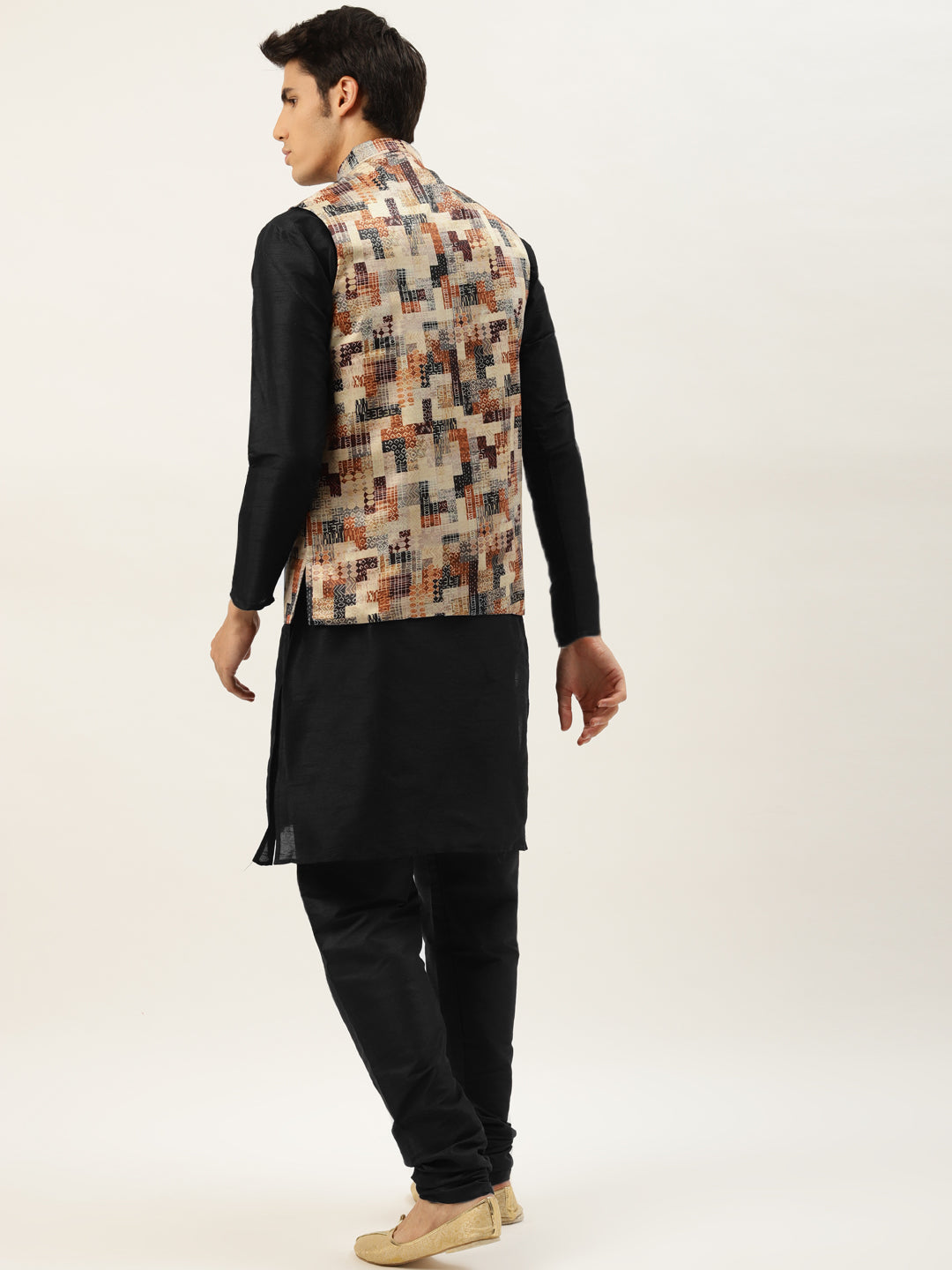 Men's Silk Blend Black Kurta Pyjama & Beige Nehrujacket Combo - Sojanya