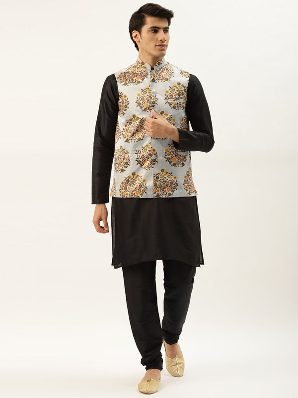 Men's Silk Blend Black Kurta Pyjama & Lightgrey Nehrujacket Combo - Sojanya