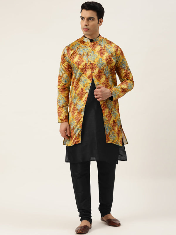 Men's Silk Blend Black Kurta Pyjama & Yellow Sherwani Set - Sojanya