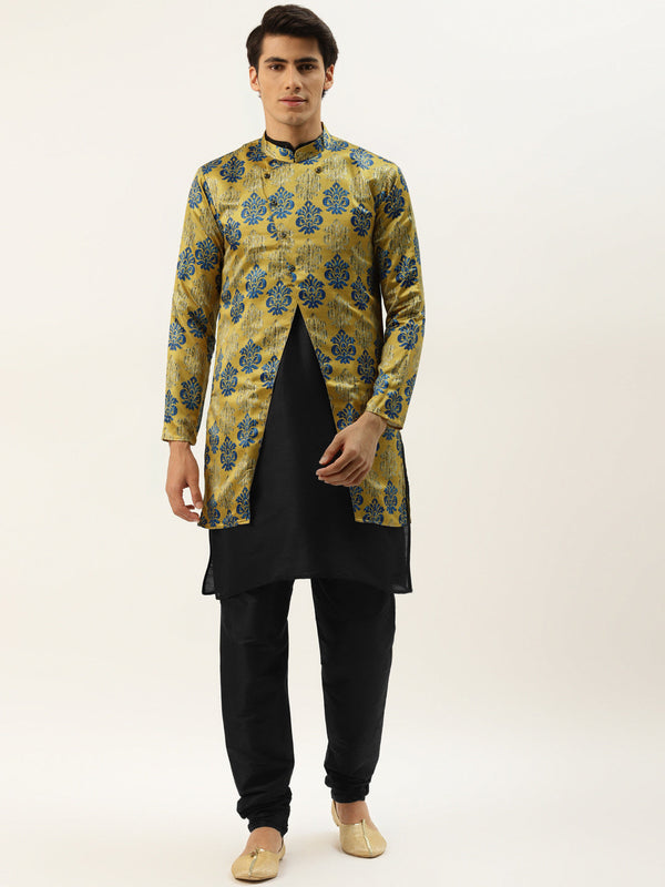 Men's Silk Blend Black Kurta Pyjama & Gold Sherwani Set - Sojanya