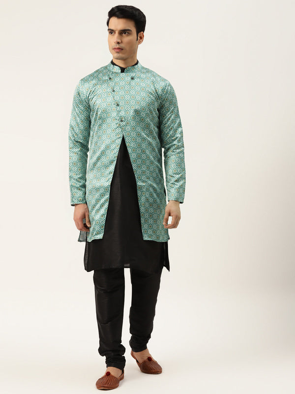 Men's Silk Blend Black Kurta Pyjama & Green Sherwani Set - Sojanya