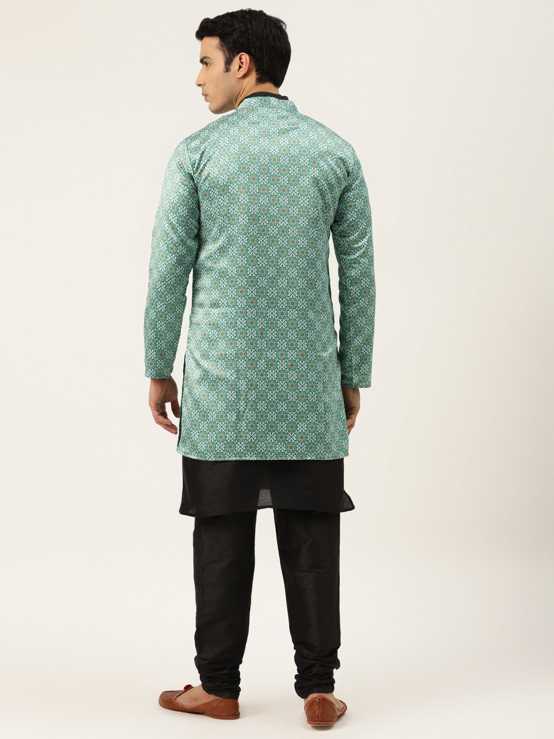 Men's Silk Blend Black Kurta Pyjama & Green Sherwani Set - Sojanya