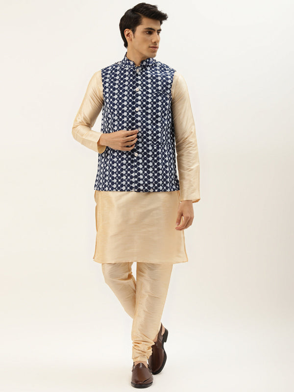 Men's Silk Blend Gold Kurta Pyjama & Navy Nehrujacket Combo - Sojanya