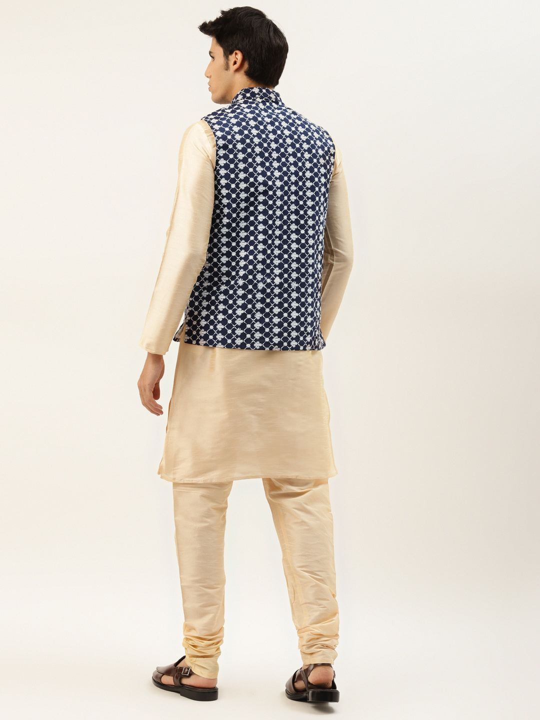 Men's Silk Blend Gold Kurta Pyjama & Navy Nehrujacket Combo - Sojanya