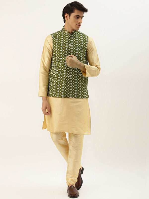 Men's Silk Blend Gold Kurta Pyjama & Dark Green Nehrujacket Combo - Sojanya