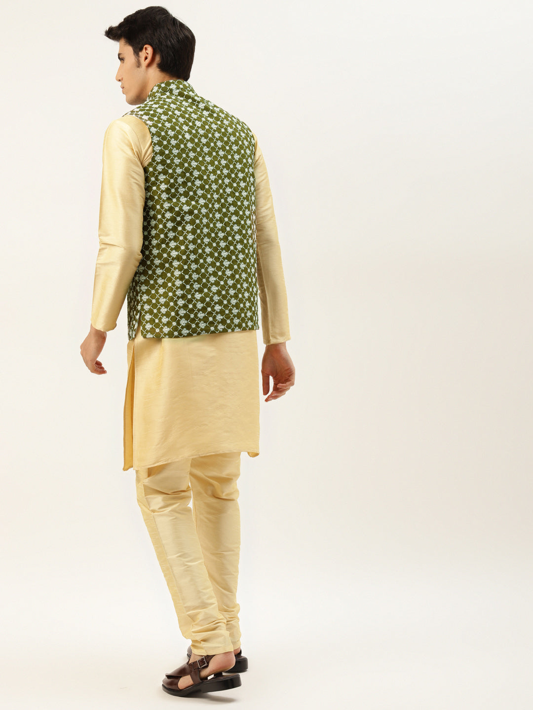 Men's Silk Blend Gold Kurta Pyjama & Dark Green Nehrujacket Combo - Sojanya