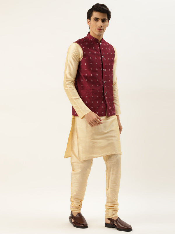 Men's Silk Blend Gold Kurta Pyjama & Maroon Nehrujacket Combo - Sojanya