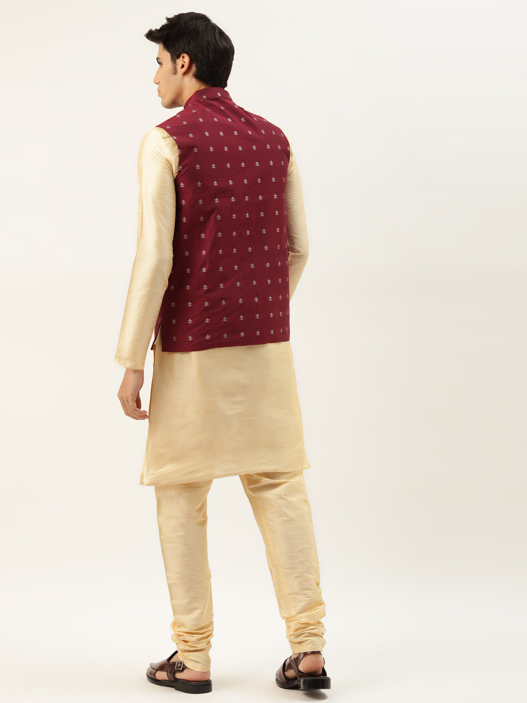 Men's Silk Blend Gold Kurta Pyjama & Maroon Nehrujacket Combo - Sojanya