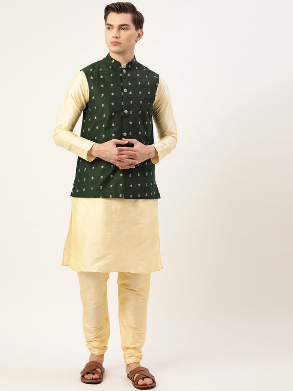 Men's Silk Blend Gold Kurta Pyjama & Dark Green Nehrujacket Combo - Sojanya