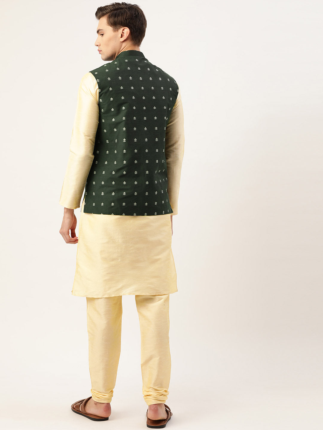 Men's Silk Blend Gold Kurta Pyjama & Dark Green Nehrujacket Combo - Sojanya