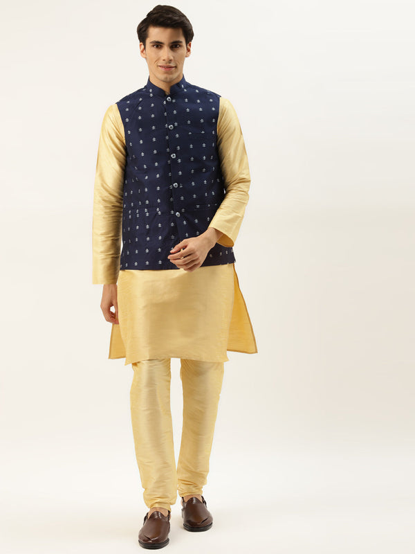 Men's Silk Blend Gold Kurta Pyjama & Navy Nehrujacket Combo - Sojanya