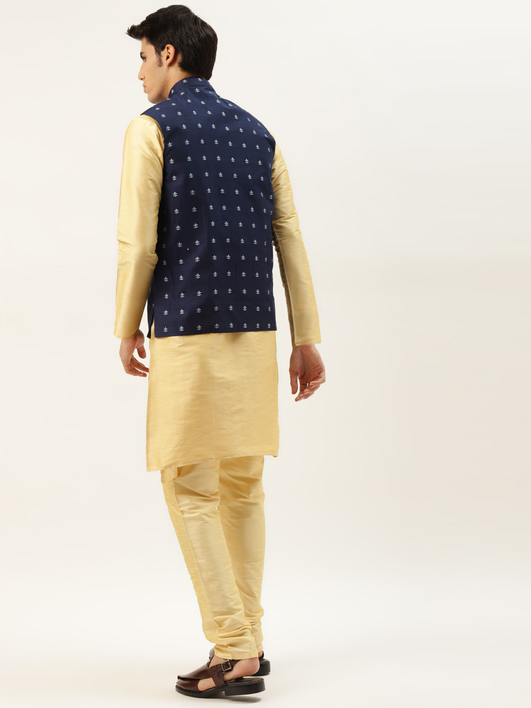 Men's Silk Blend Gold Kurta Pyjama & Navy Nehrujacket Combo - Sojanya