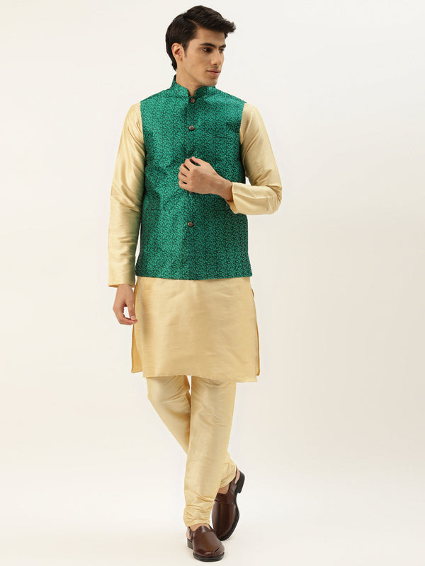 Men's Silk Blend Gold Kurta Pyjama & Dark Green Nehrujacket Combo - Sojanya