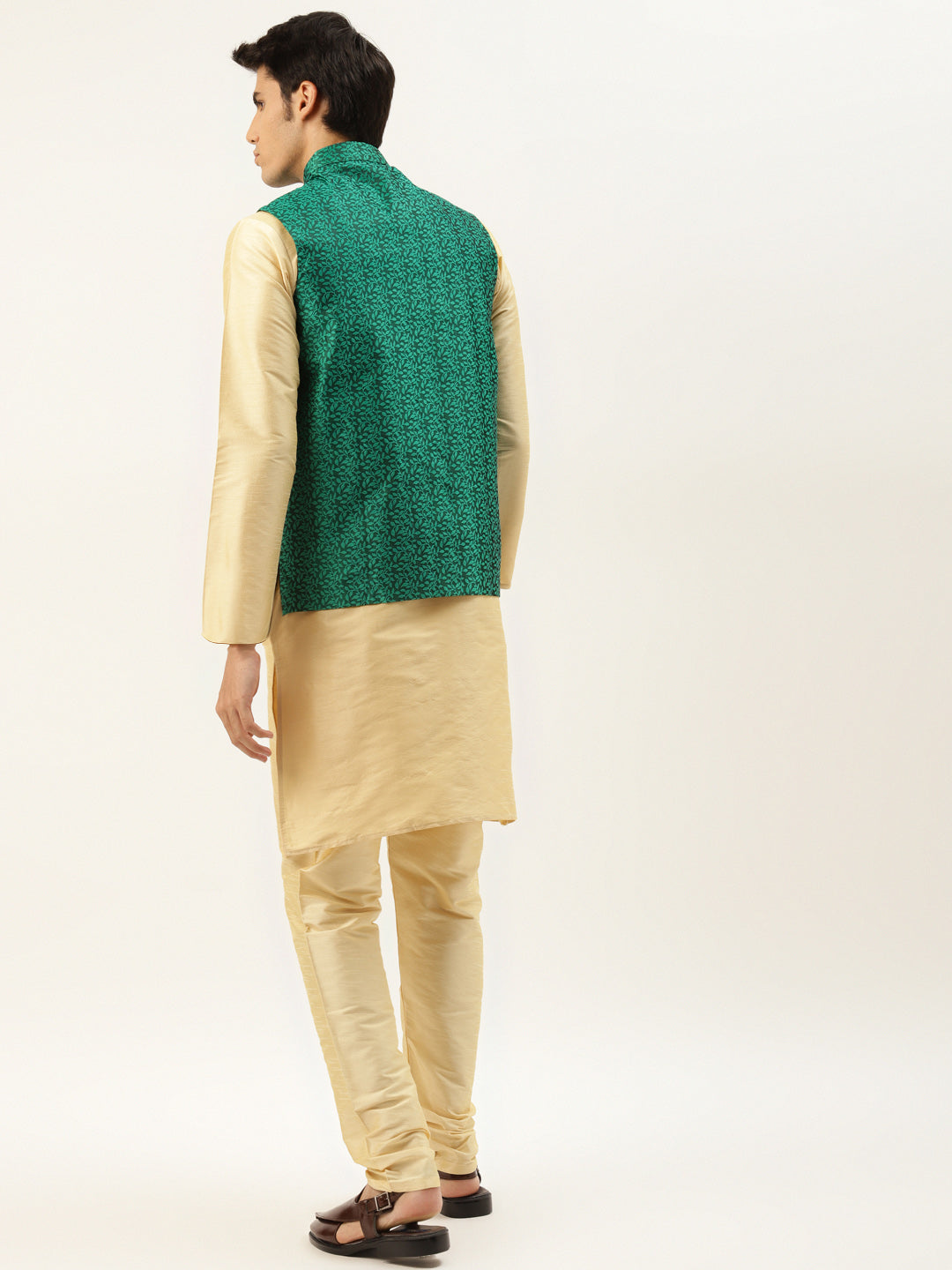 Men's Silk Blend Gold Kurta Pyjama & Dark Green Nehrujacket Combo - Sojanya