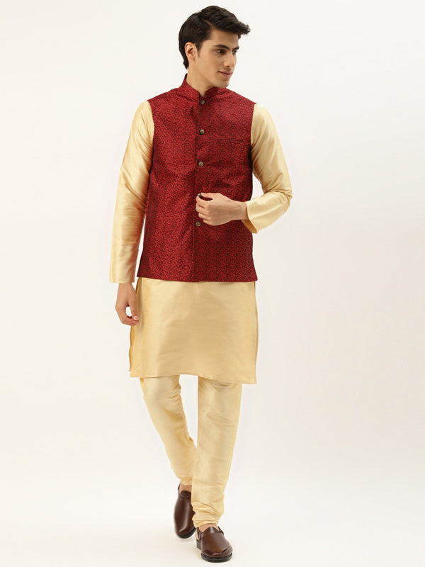 Men's Silk Blend Gold Kurta Pyjama & Maroon Nehrujacket Combo - Sojanya