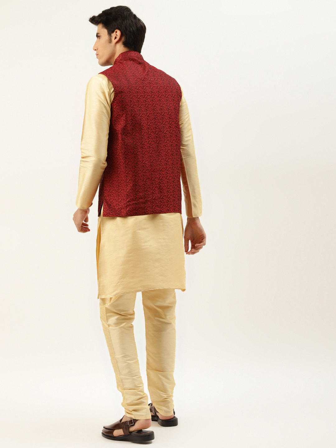 Men's Silk Blend Gold Kurta Pyjama & Maroon Nehrujacket Combo - Sojanya