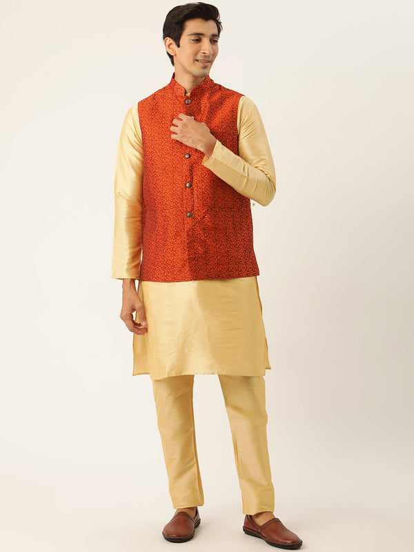 Men's Silk Blend Gold Kurta Pyjama & Orange Nehrujacket Combo - Sojanya