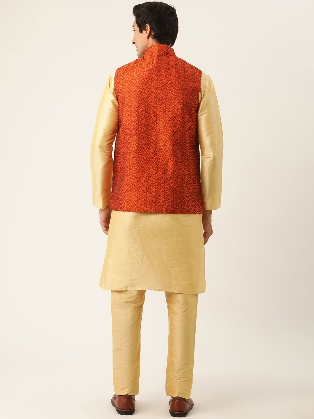 Men's Silk Blend Gold Kurta Pyjama & Orange Nehrujacket Combo - Sojanya