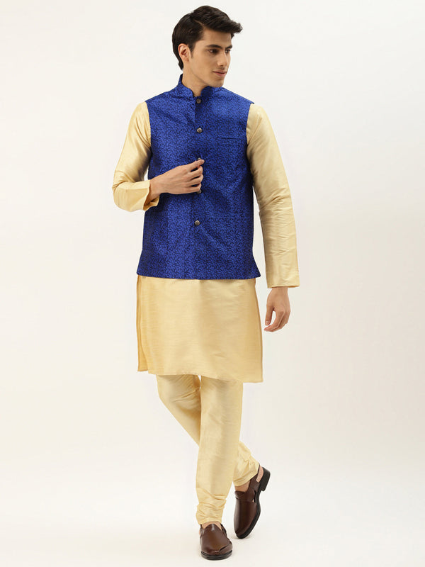 Men's Silk Blend Gold Kurta Pyjama & Royalblue Nehrujacket Combo - Sojanya