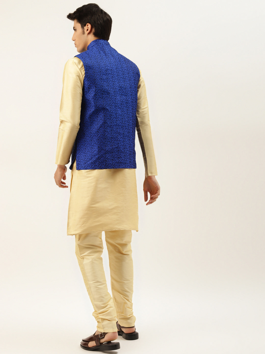 Men's Silk Blend Gold Kurta Pyjama & Royalblue Nehrujacket Combo - Sojanya