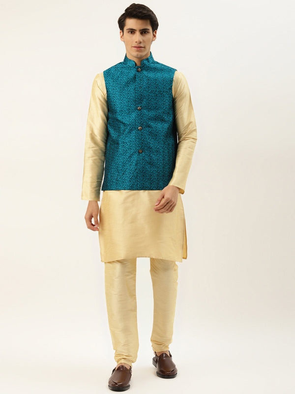 Men's Silk Blend Gold Kurta Pyjama & Tealblue Nehrujacket Combo - Sojanya