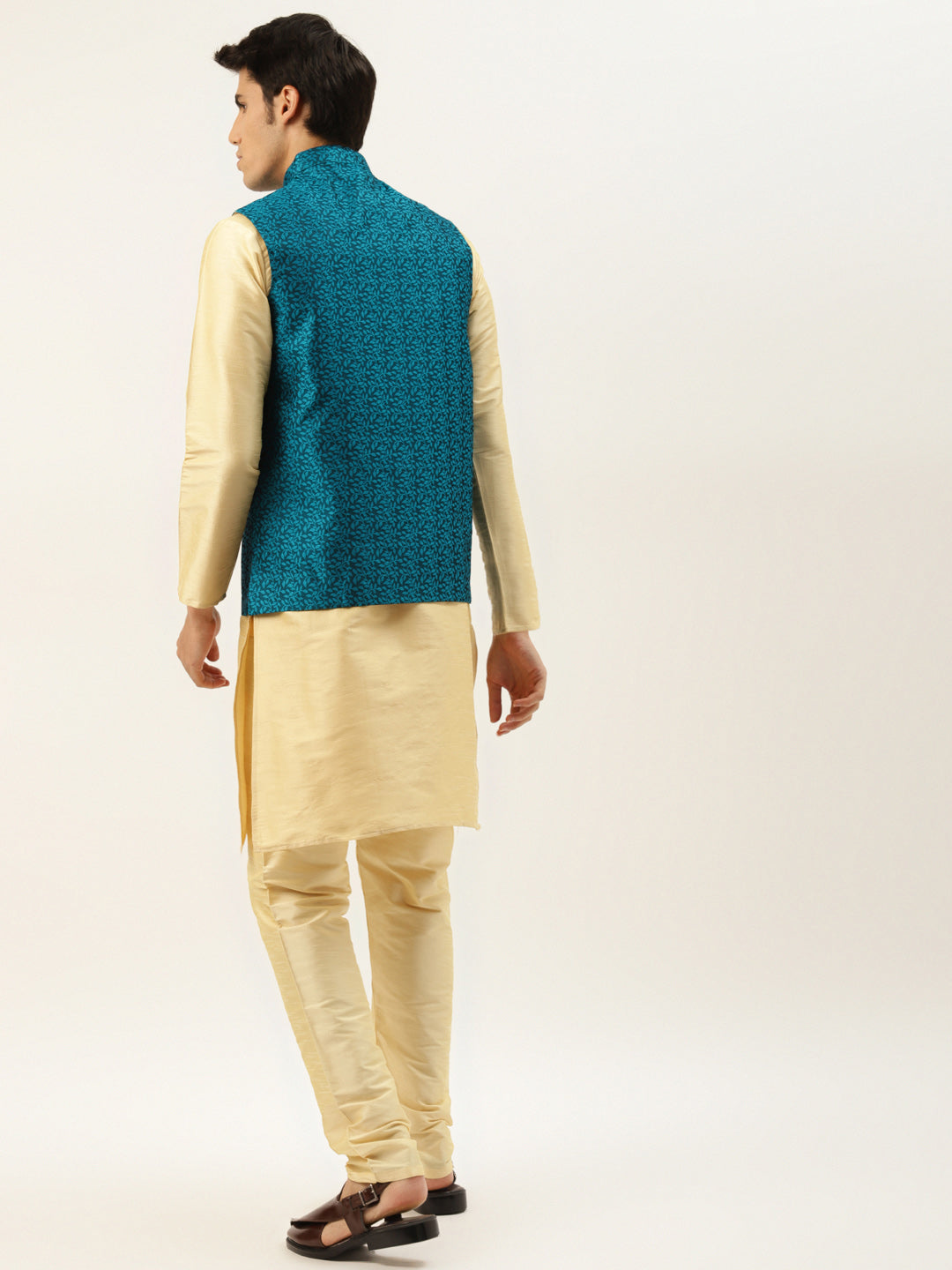 Men's Silk Blend Gold Kurta Pyjama & Tealblue Nehrujacket Combo - Sojanya