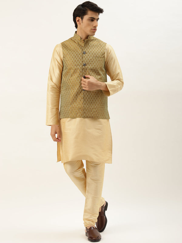 Men's Silk Blend Gold Kurta Pyjama & Mustard Nehrujacket Combo - Sojanya