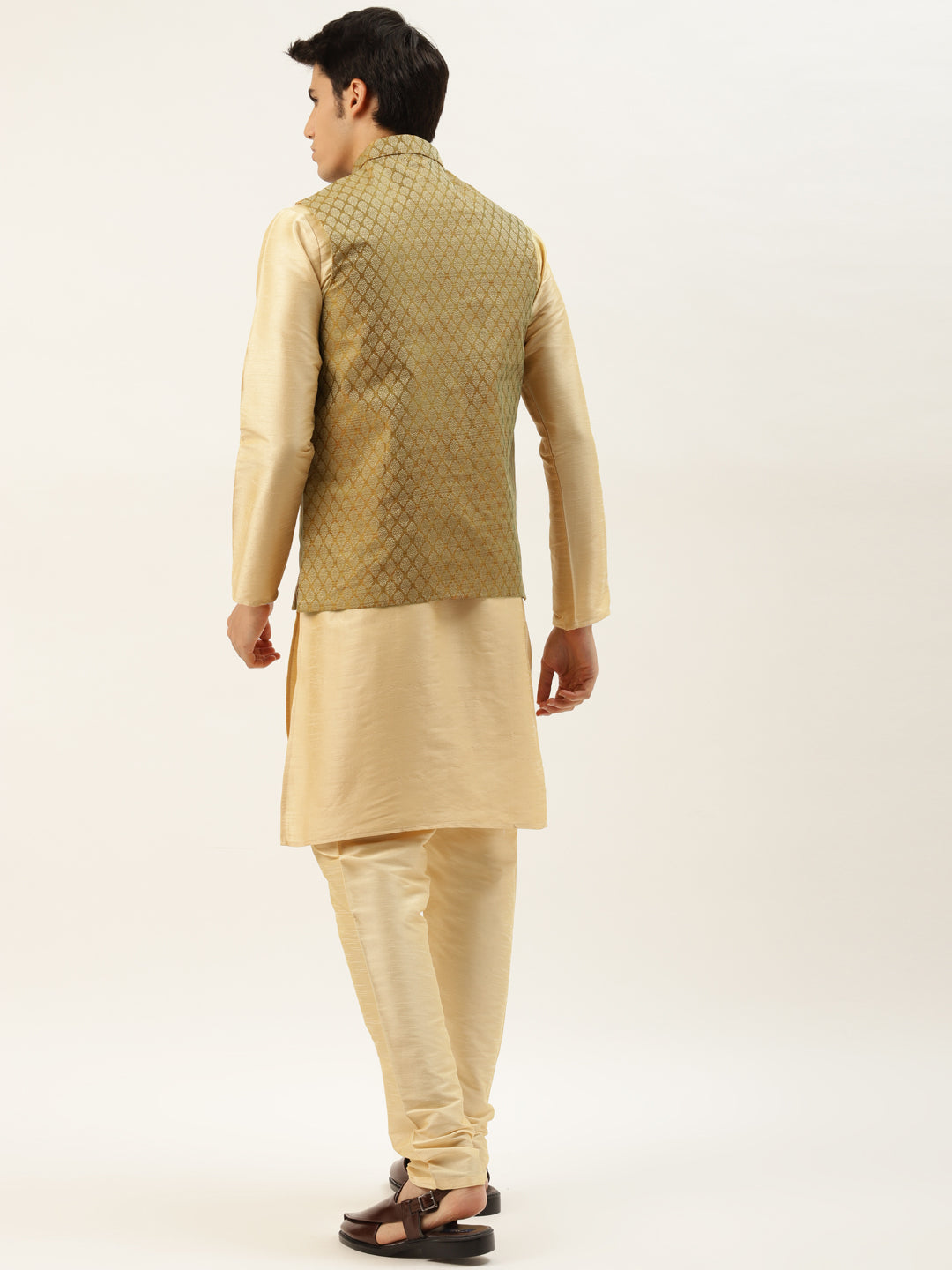 Men's Silk Blend Gold Kurta Pyjama & Mustard Nehrujacket Combo - Sojanya