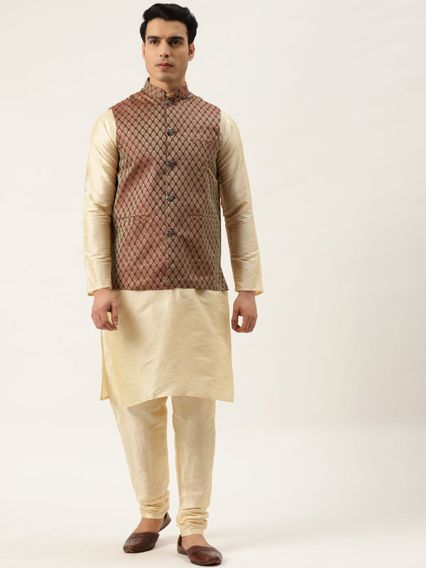 Men's Silk Blend Gold Kurta Pyjama & Maroon Nehrujacket Combo - Sojanya